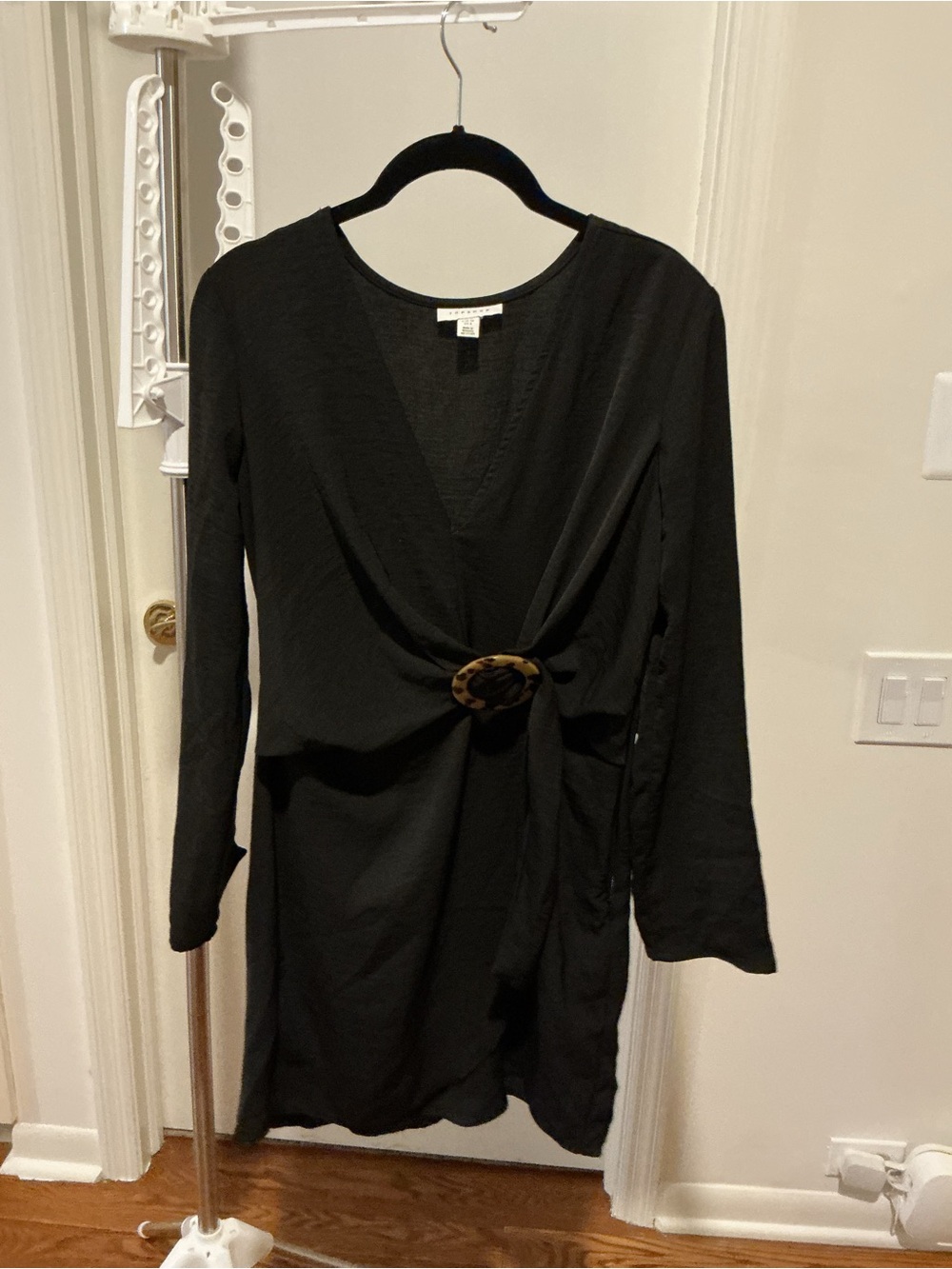 Topshop Black Long-Sleeve V-Neck Dress with Tortoiseshell Ring